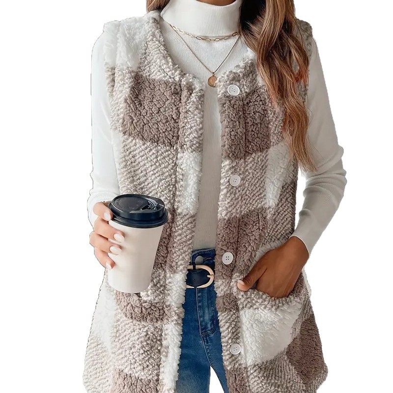 Teddy Bear Plush Vest – Oversized Faux Fur Gilet | Winter Elegance (Dark Khaki Checkered)_ecoleips.com