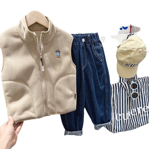 Boys Alpaca Cartoon Vest  Autumn and Winter Children's Clothes Children's Velvet Vest Thickened Zipper Jacket Waistcoat