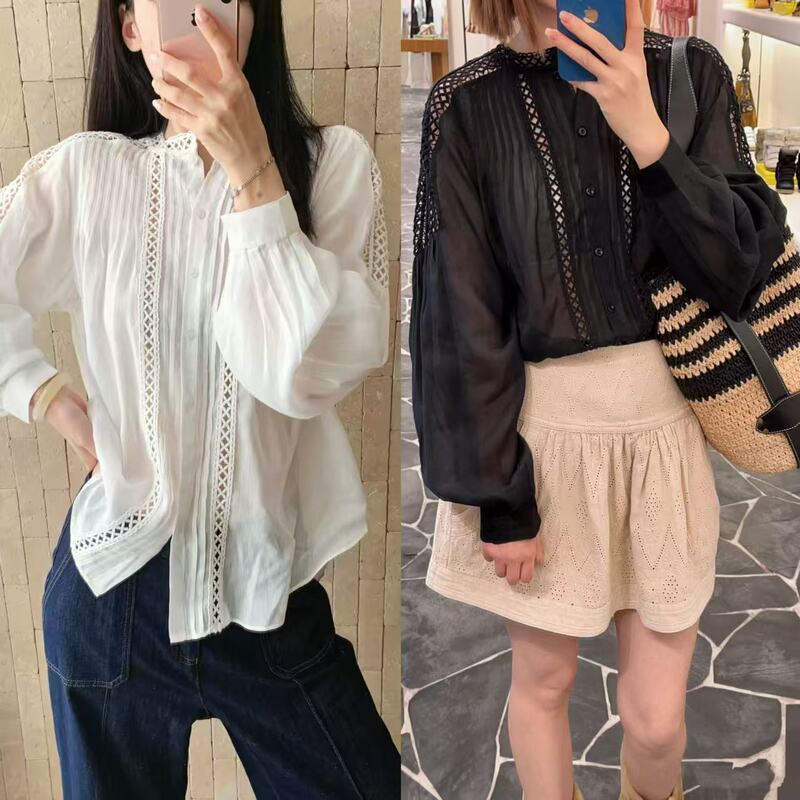 French-style niche 2026 early autumn new lace hollow-out round-neck diamond grid pleated lantern sleeve blouse for women