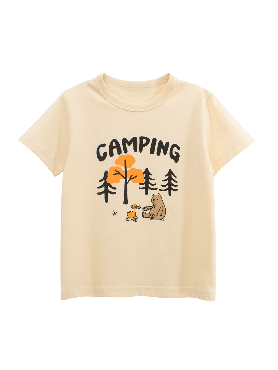 27kids camiseta de manga corta para niños 2025 verano nueva ropa para niños ropa para bebés oso de dibujos animados cuello redondo media manga