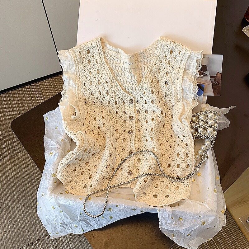 French-style hollow crochet vest for women, summer thin outer cardigan, 2026 new Thai-style camisole top French-style hollow crochet vest for women, summer thin outer cardigan, 2026 new Thai-style camisole top