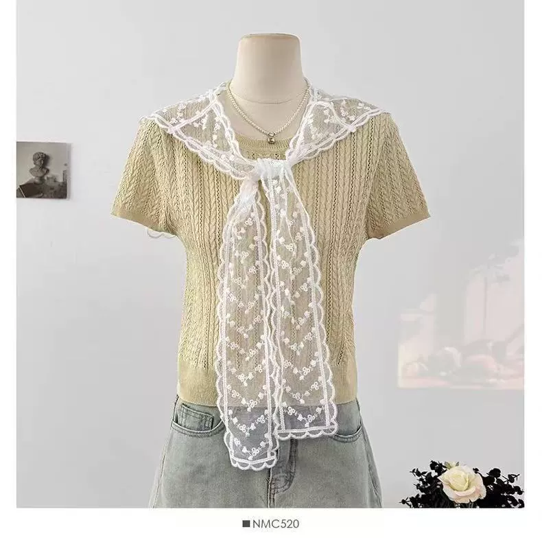 Ретро кружевной цветной вязаный плащ, дизайнерский свитер, с коротким рукавом, тренд сезона