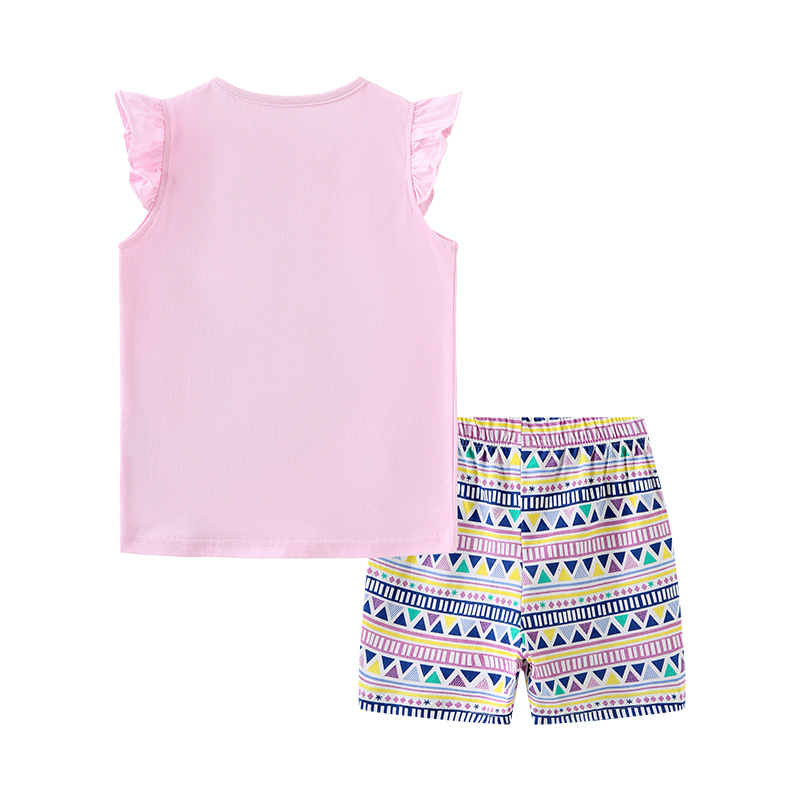 Conjunto de ropa infantil de moda europea y americana para niñas, chaleco de algodón de punto con estampado de dinosaurios de dibujos animados de verano, conjunto de dos piezas de manga corta para niños pequeños