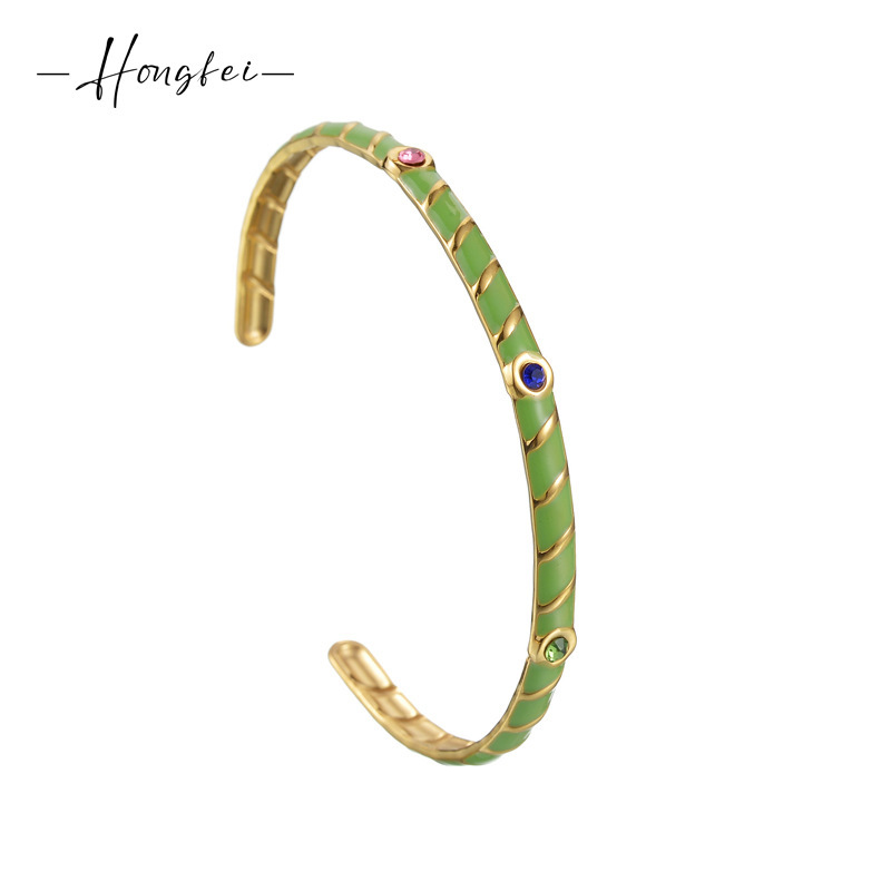 Amazon Explosions INS Fashion All-match C- shaped Titanium Steel Bracelet 18K Gold Set Zircon Oil Drop Rib Open Bracelet