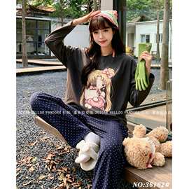 潘多拉女孩秋季长袖针织棉睡衣两件套女波点美少女甜美可爱家居服