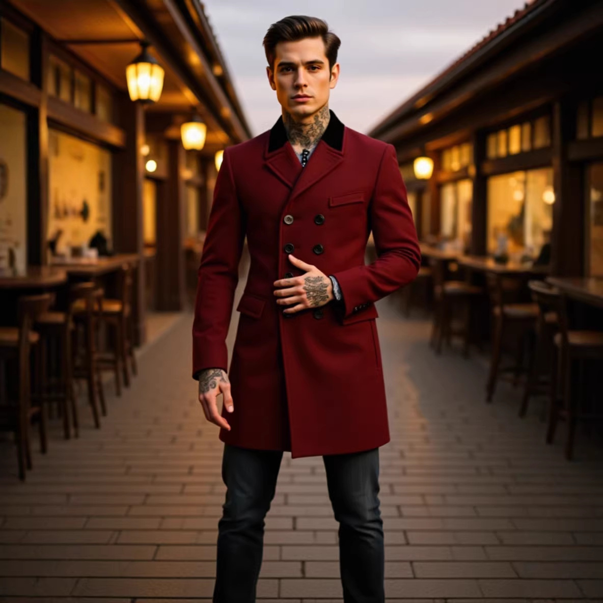 2026 European and American Autumn and Winter Color-Blocked Woolen Coat for Men, Cross-Border Thickened Dragon and Phoenix Woolen Trench Coat with Double-Breasted Buttons