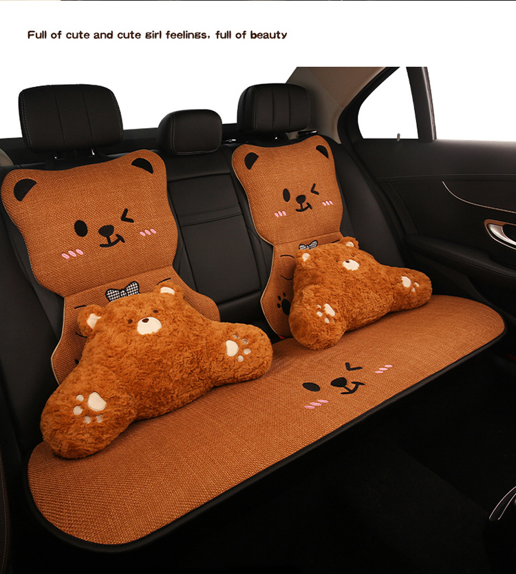 Car Seat Cushion Bear Cartoon Four-Season Universal Non-Slip Anti-Dirt Linen Seat Cover Protective Cover Full-Cover Linen Cartoon