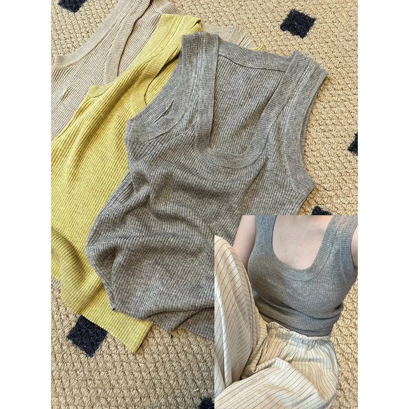 Korean-Style U-Neck Knitted Camisole for Women, Thin Ice Silk Inner Top, Summer 2026 Slim-Fit Ribbed Tank Top That Covers Side Breasts