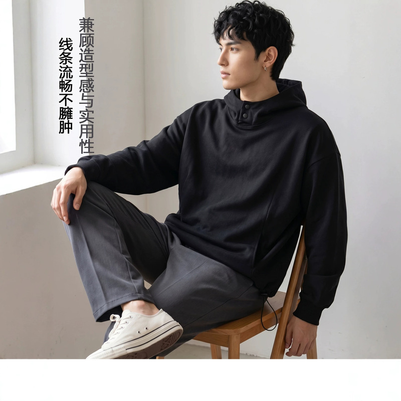 Dengjue Men's Spring Hooded Sweatshirt 320g Twill Double-Sided Cotton Metal Buckle Windproof Hood Loose Trendy Versatile