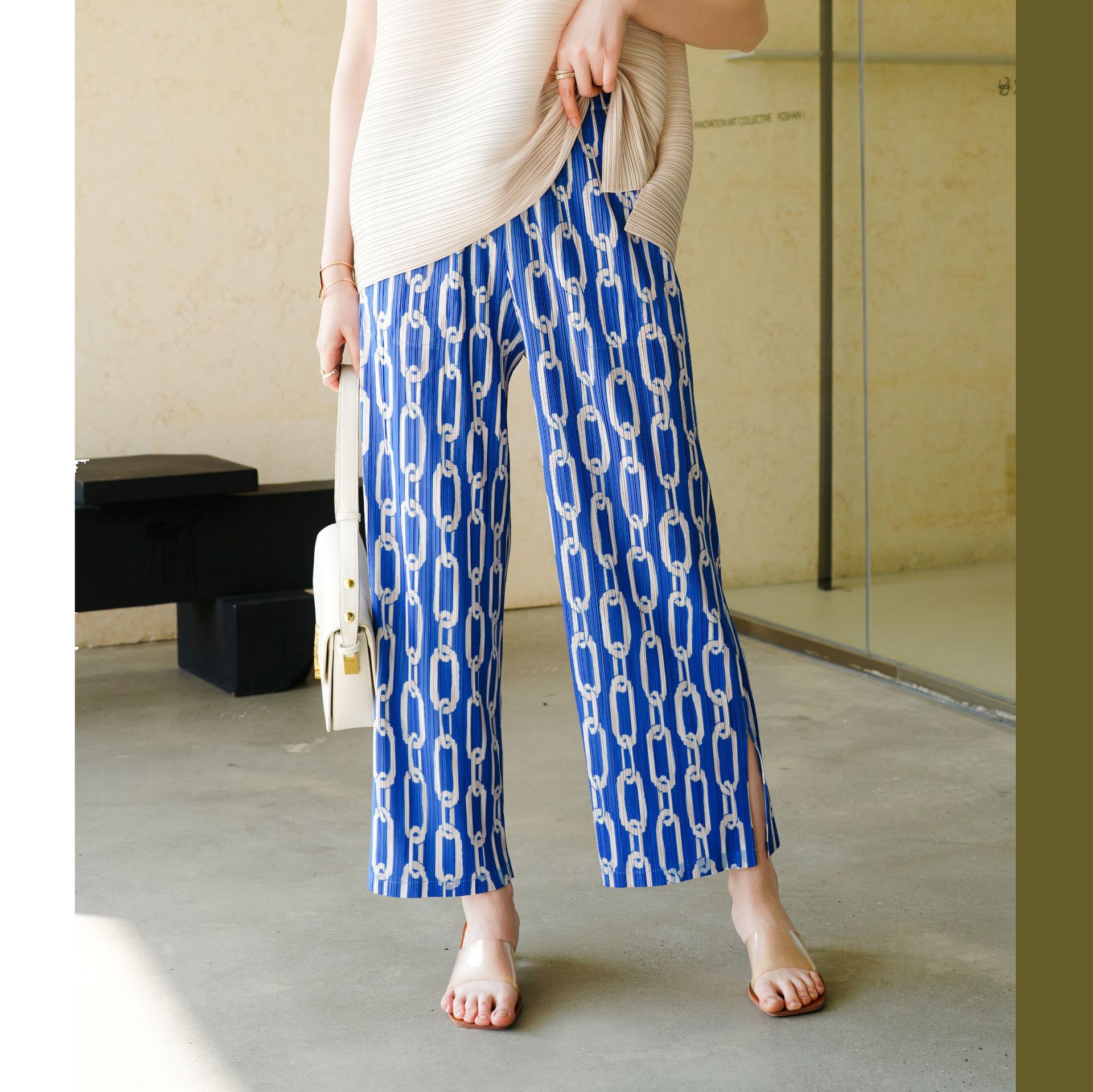 专柜品质秋春夏三季可穿三宅高端褶皱侧开叉印花休闲百搭直筒长裤