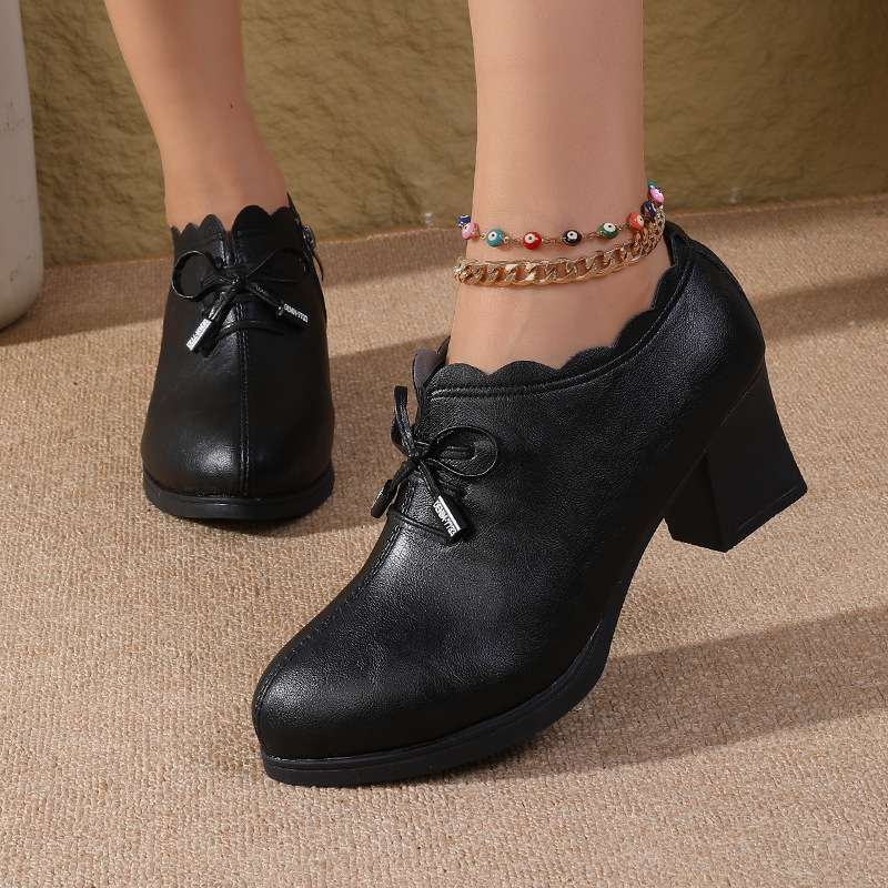 2025 Autumn New Deep Mouth Single Shoes Women's Mom's Shoes Soft Sole Thick Heel Women's Shoes Bow Women's Medium Heel Leather Shoes 2025 Autumn New Deep Mouth Single Shoes Women's Mom's Shoes Soft Sole Thick Heel Women's Shoes Bow Women's Medium Heel Leather Shoes