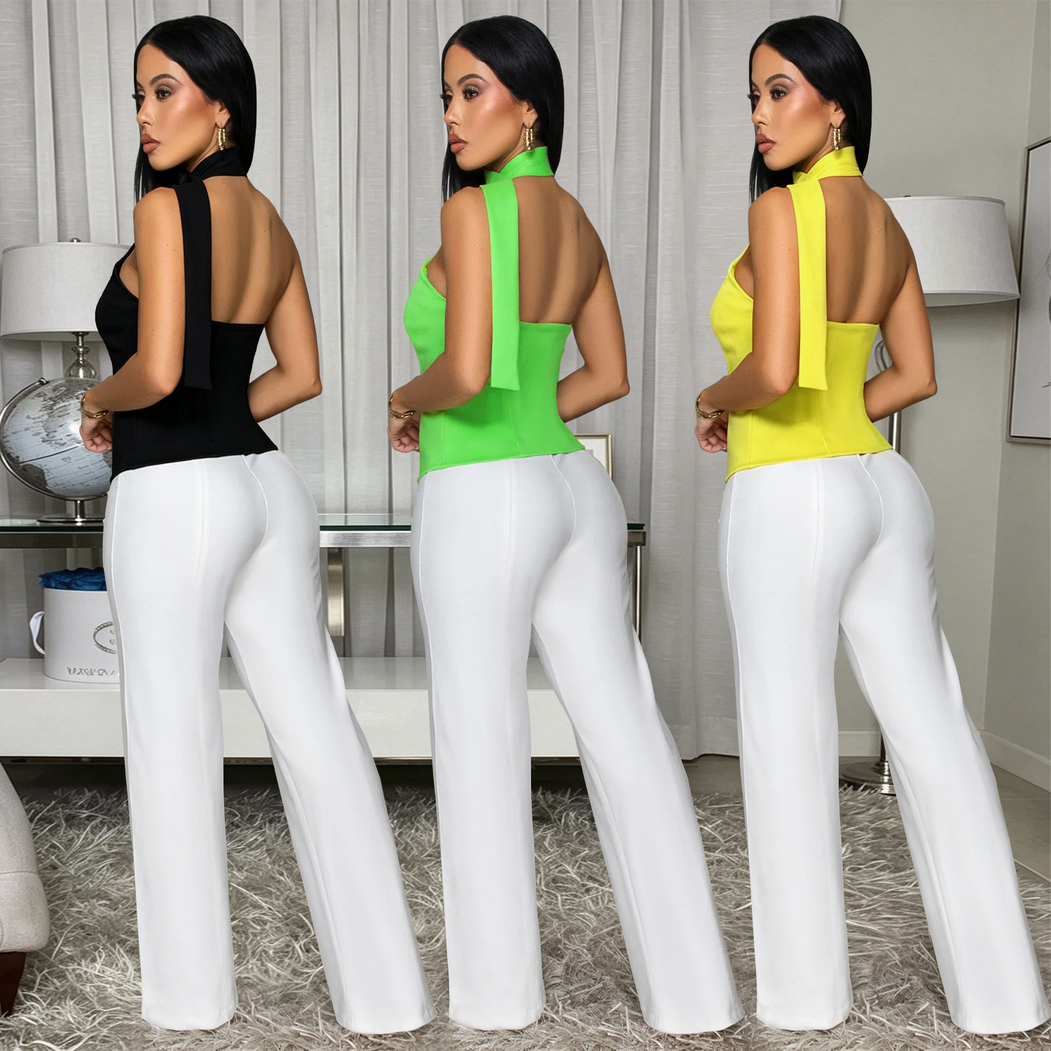 C7756 transfronterizo 2026 nueva ropa de mujer europea y americana de verano cuello de viaje de vestir chaqueta de regazo pantalones de piernas anchas dos piezas nuevo conjunto