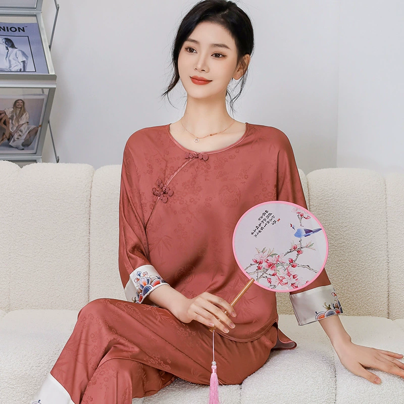 达芬奇密码 Pijama, шелковый красный набор, домашняя одежда, топ с чашками, Китайский стиль