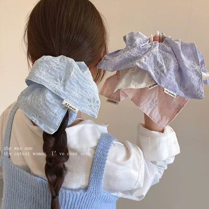 달콤한 자수 꽃 광장 스카프 헤어 서클 대형 그릇 봄과 여름 여성 올 매치 로우 포니 테일 헤어 로프 헤어 헤어 헤어 헤어 액세서리 2025