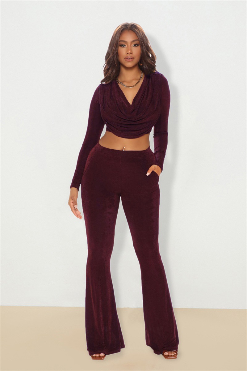 long sleeve low-cut slim solid color Velvet top and pant set NSXLY119201