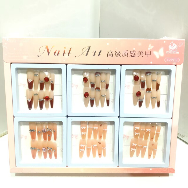 Butterfly Long Nail Tips with Rhinestones, Light Luxury Sheer Nude Red Gradient Rhinestone Nail Tips, Atmospheric Wearable Nail Art Finished Products, Wholesale for Live Streaming