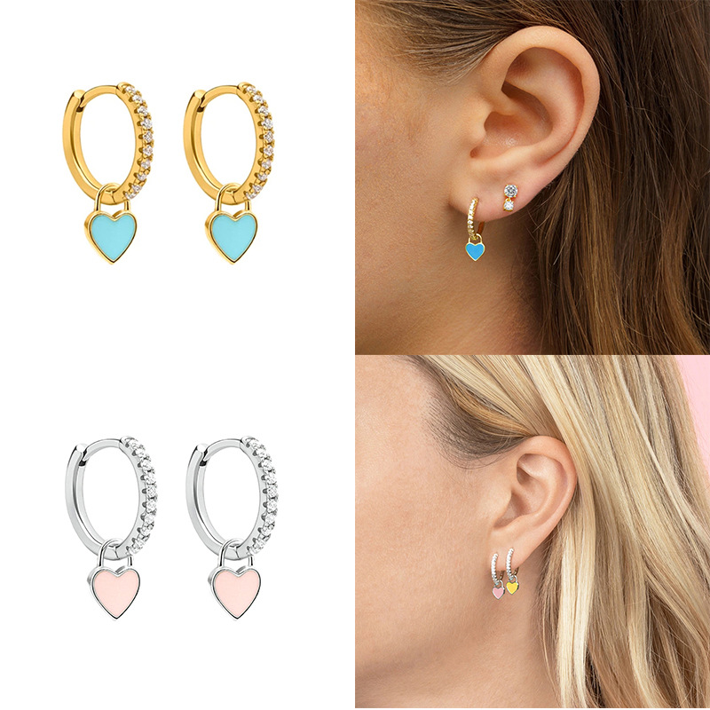 Fashion Heart Shape Copper Enamel Inlay Zircon Drop Earrings 1 Pair display picture 4