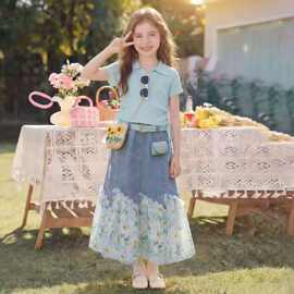 女童好看韩系裙子夏季2026新款儿童夏装套装女大童拼接牛仔裙
