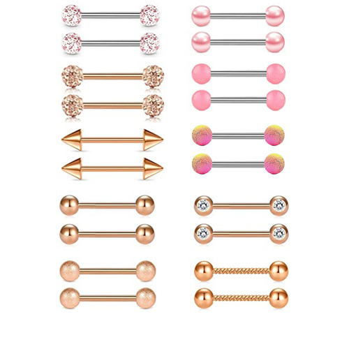 14G European and American stainless steel frosted diamond tongue nail rose gold breast nail ring Amazon cross-border body piercing jewelry