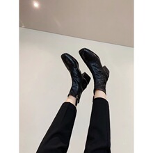 水洗牛皮~真皮方头复古瘦瘦靴靴子短靴女粗跟小踝靴英伦风马丁靴