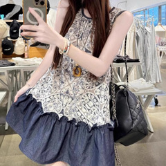 2025 夏の新フレンチスタイルコントラストカラー花柄ステッチ偽ツーピース裾フリルドレス女性のための