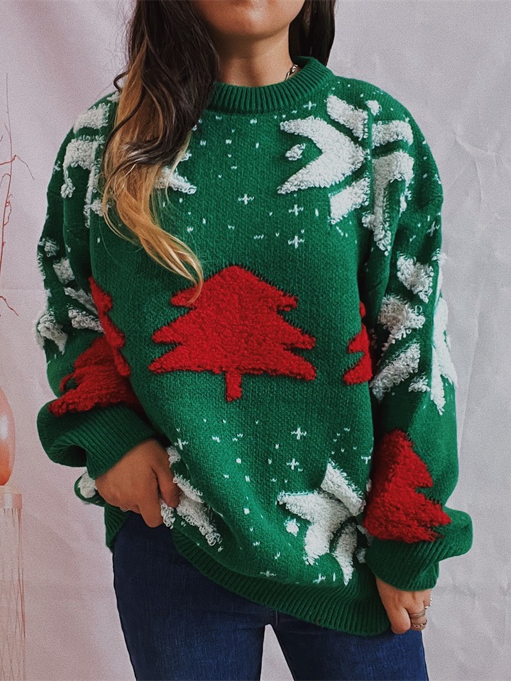 Amazon transfronterizo otoño e invierno nuevo árbol de Navidad jacquard cuello redondo manga larga engrosada Jersey de punto suéter de Navidad para las mujeres