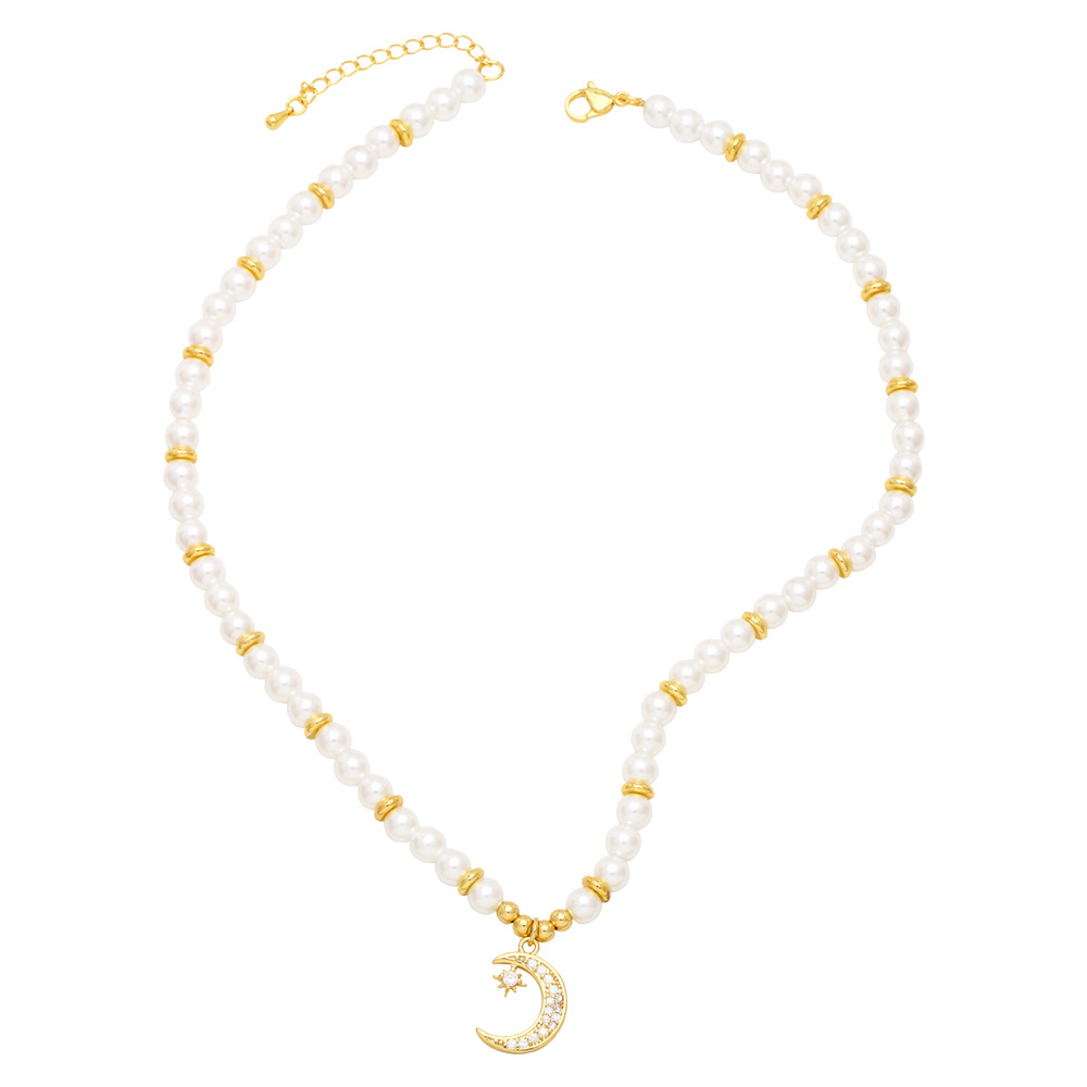 Fashion Moon Heart Shape Copper Pendant Necklace Pearl Inlay Zircon Copper Necklaces