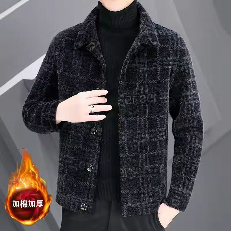 High-End Gold Embroidered Velvet Wool Coat for Men, Casual Wool Jacket for Men, Autumn and Winter Thickened Cotton Men's Fashion