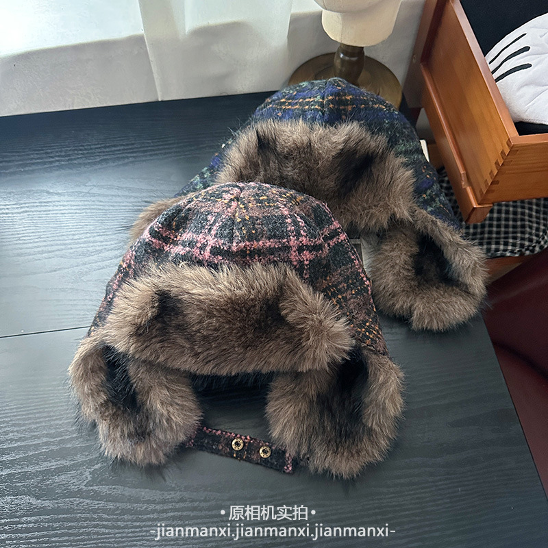 东北品质冬季格子雷锋帽保暖抗寒哈尔滨洋气毛绒防风骑行帽护耳帽|undefined
