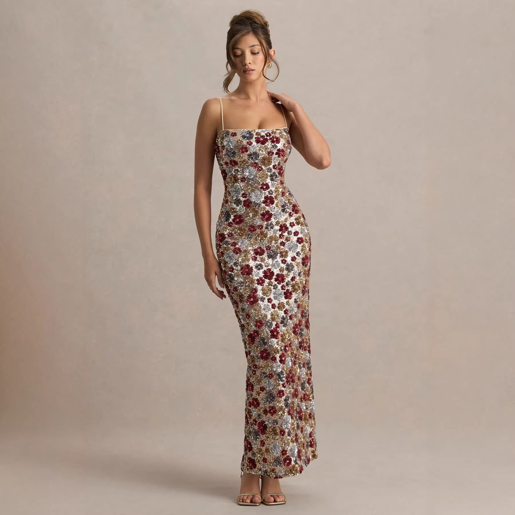 Glitter Sequin Bodycon Slit Dress For Women - Sleeveless High Waist Party Dress With Floral Print, Summer Vacation & Night Out Clubwear (S/M/L/Xl)_ecoleips.com