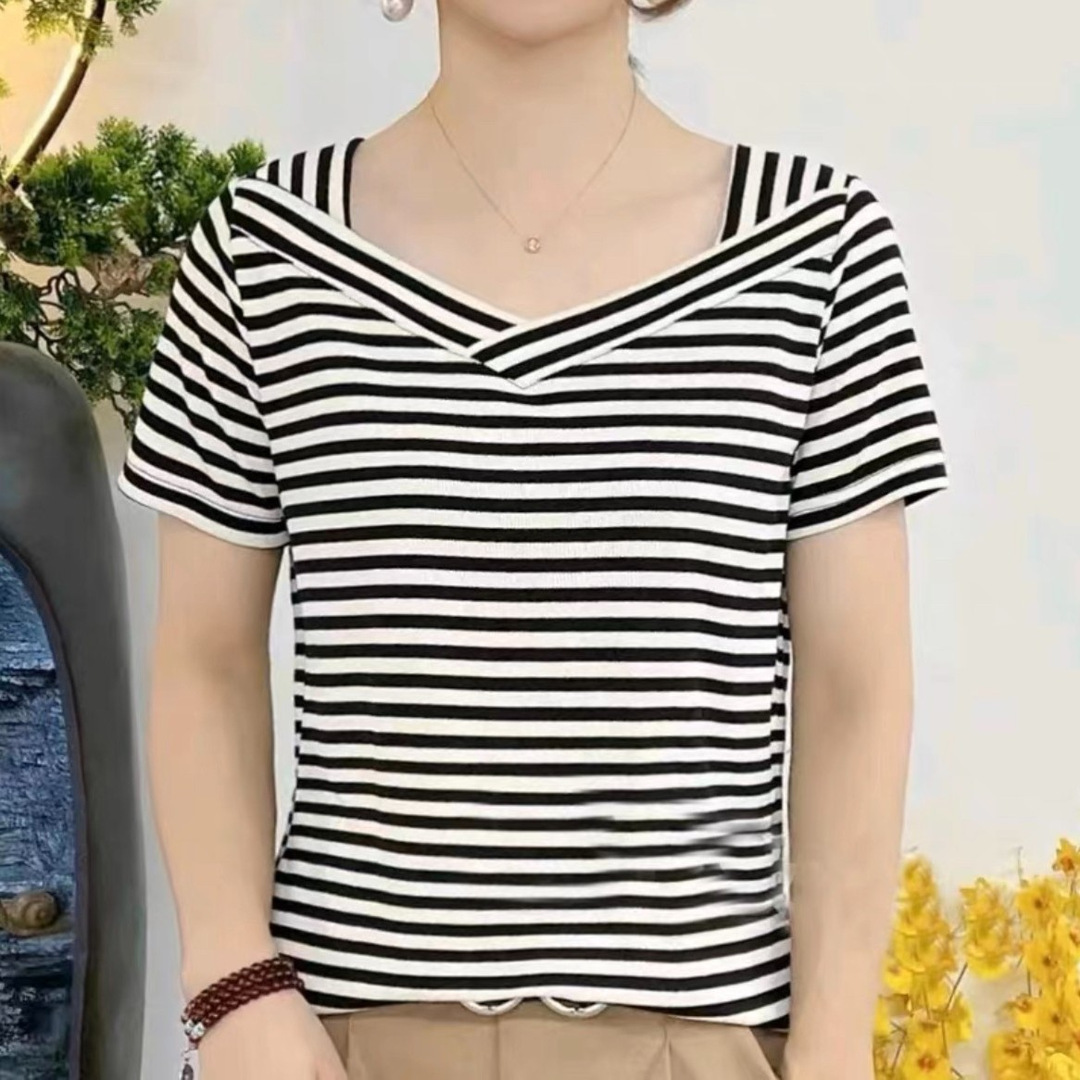 夏季v领条纹女式t恤短袖韩版外贸跨境宽松遮肉薄款上衣服洋气小衫