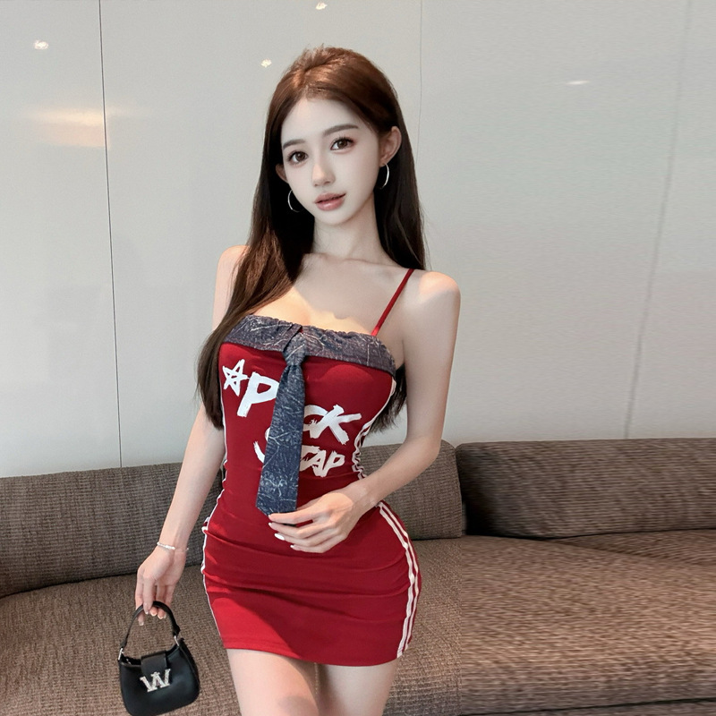 5809跨境外贸女装批发东南亚网红辣妹字母印花撞色包臀吊带连衣裙