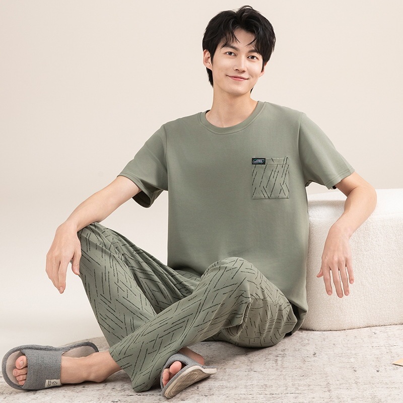 2025新型パジャマ男性夏純綿半袖長ズボンの薄いタイプのカジュアルな家庭服綿セット|undefined