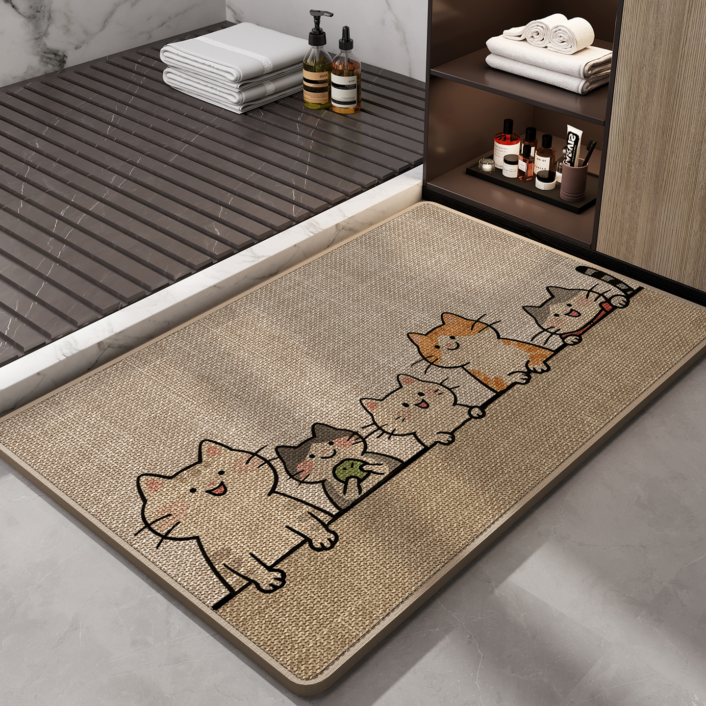 Cartoon Linen Diatom Mud Floor Mat Bathroom Water-Absorbent Quick-Drying Foot Mat Bathroom Door Stain-Resistant Easy-Care Anti-Slip Mat