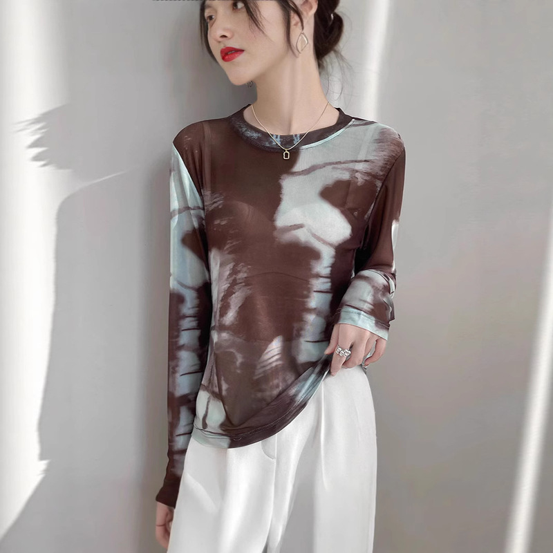 春夏新款水墨晕染网纱印花打底衫女时尚显瘦长袖T恤上衣|undefined