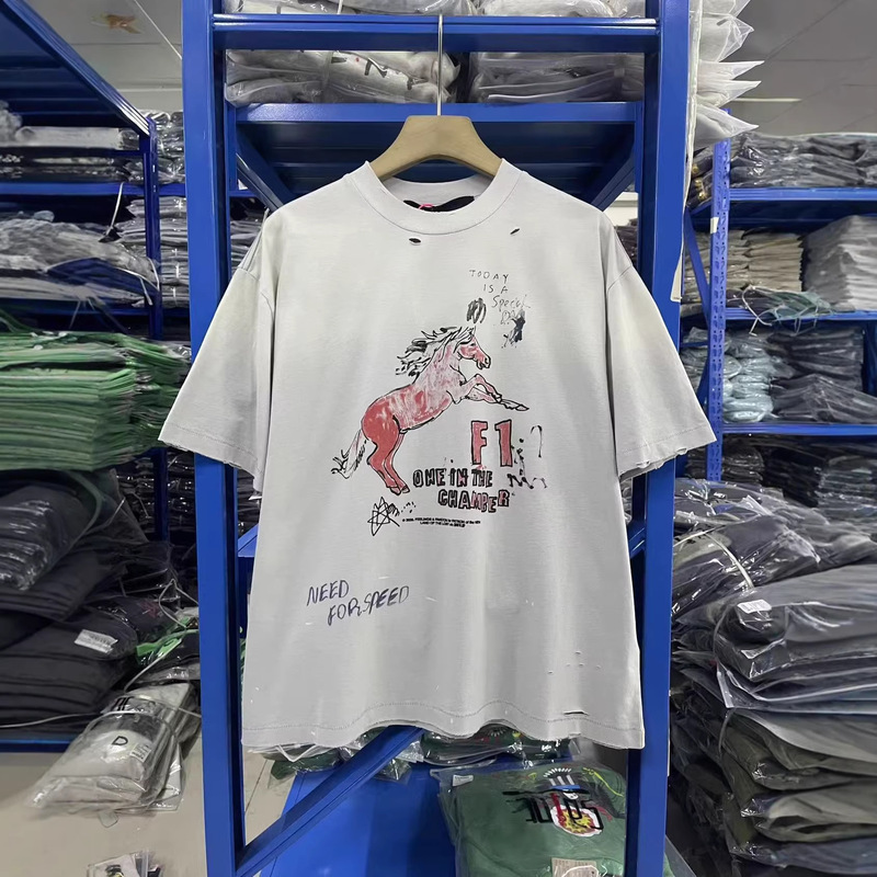 Paly Hollywood Miami F1 Ferrari Logo Washed and Distressed Short-Sleeve T-Shirt