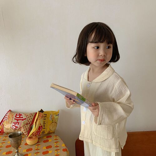 Children's Korean pajamas baby spring and autumn pure cotton gauze polka dot boys long-sleeved suit boys and girls home clothes