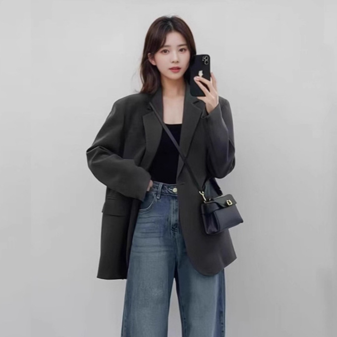 Spring and Autumn Casual Women's Blazer Korean Style Loose Gray Small Suit Fashion Commuter Top Versatile College Style