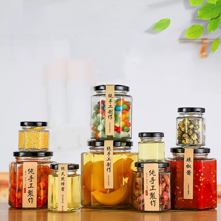 批发uv印刷280ml六棱透玻璃罐食品级密封果酱蜂蜜辣椒柠檬专用瓶