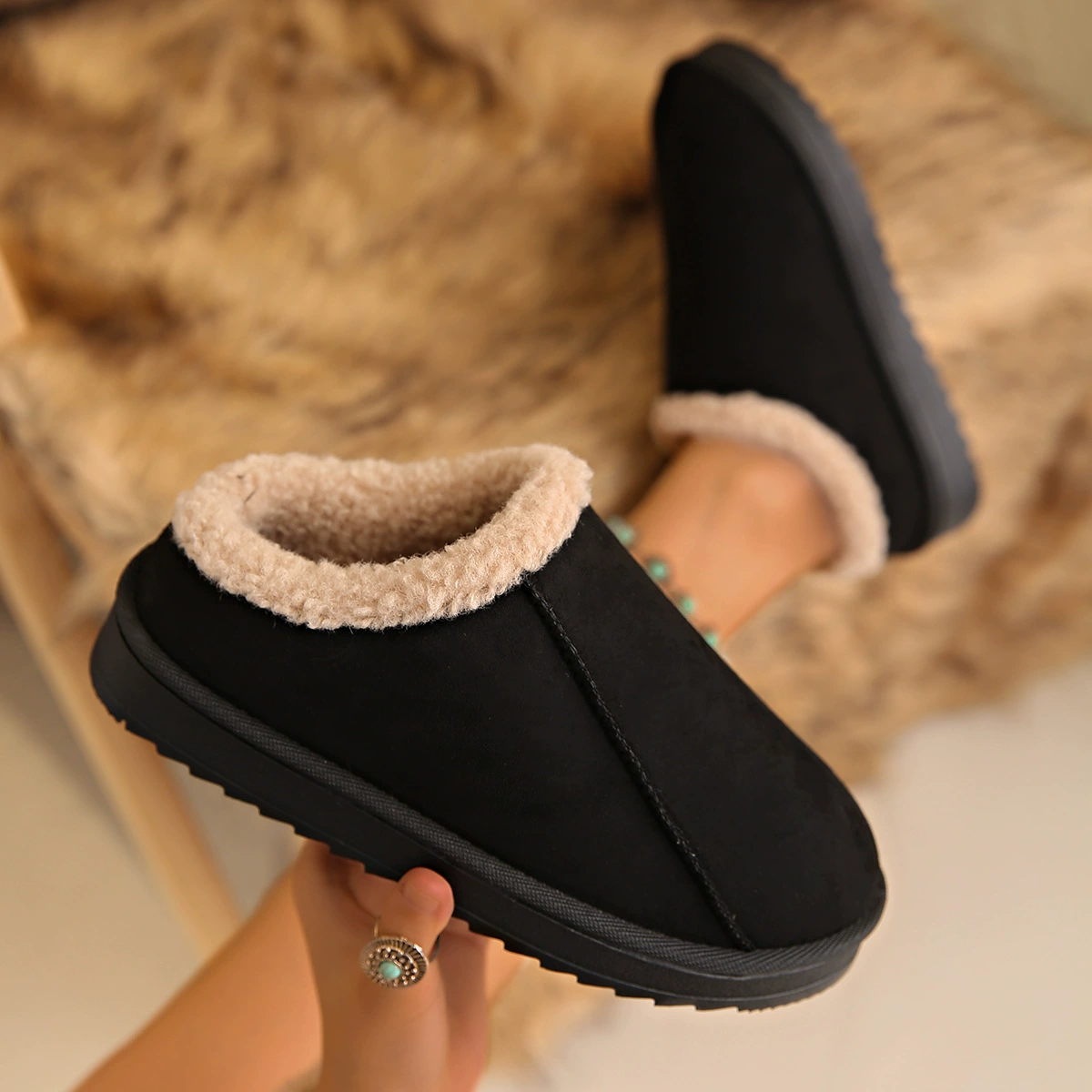 Внешняя торговля, большие размеры, полутапочки Baotou для женщин, зимние сапоги на толстой подошве, теплая хлопковая обувь на толстой подошве с флисовой подкладкой из овечьей шерсти в стиле ретро.