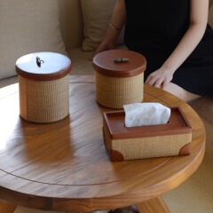 天然草编收纳盒桌面家用玄关客厅法式高级轻奢皮革纸巾盒