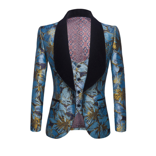 Blue floral jazz dance blazers for youth men host singers choir wedding birthday party performance formal coats jacquard dress top vest music production studio clothing