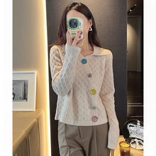 针织开衫2023早秋新款POLO领翻花镂空针织衫糖果扣百搭毛衣开衫