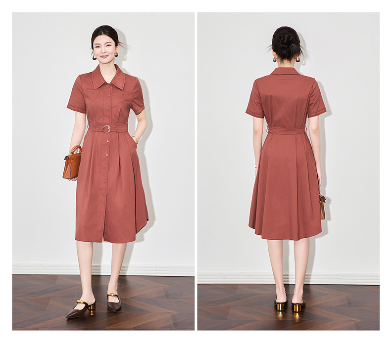Đầm maxi nữ thắt eo cổ ve cạp cao tay ngắn — Màu đỏ gạch chi tiết 14