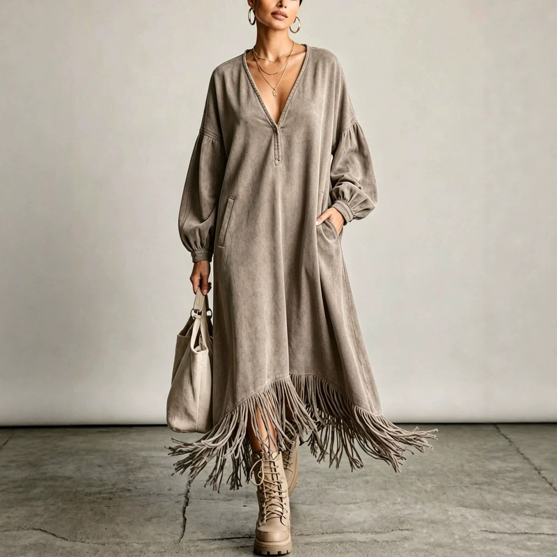 New in stock European and American cross-border faux suede fringed deep V-neck solid color loose elegant fashion dress for going out New in stock European and American cross-border faux suede fringed deep V-neck solid color loose elegant fashion dress for going out