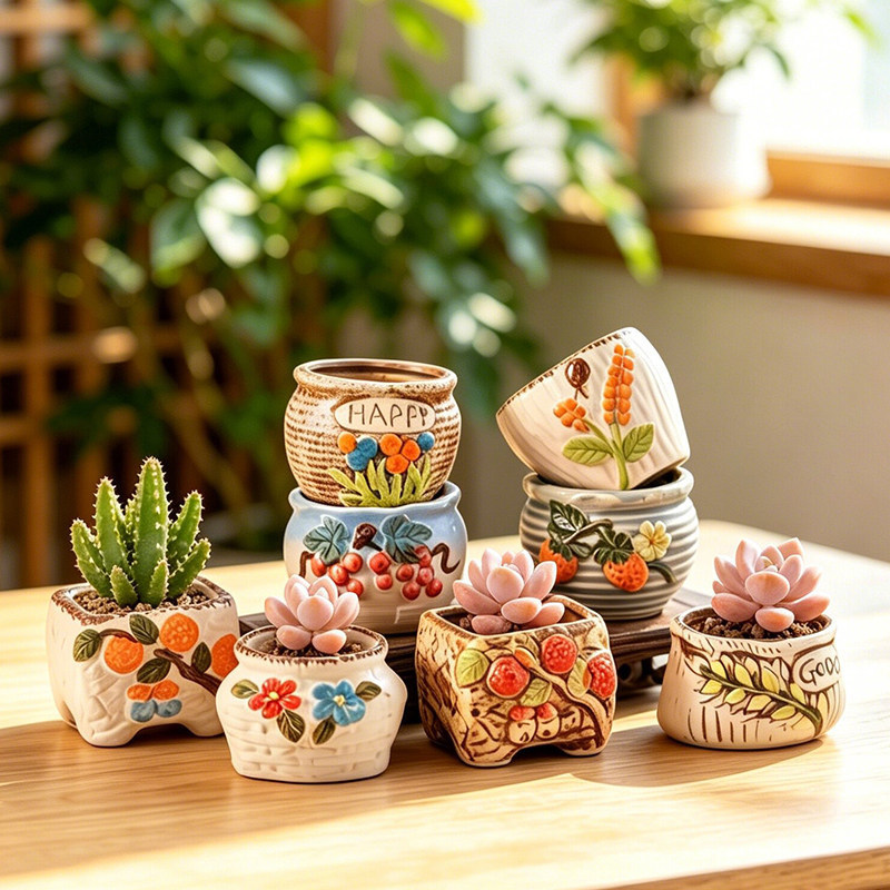Succulent flower pot made of coarse clay, breathable, for succulent plants, cute and unique, creative desktop decoration, small potted plant ornament for home use