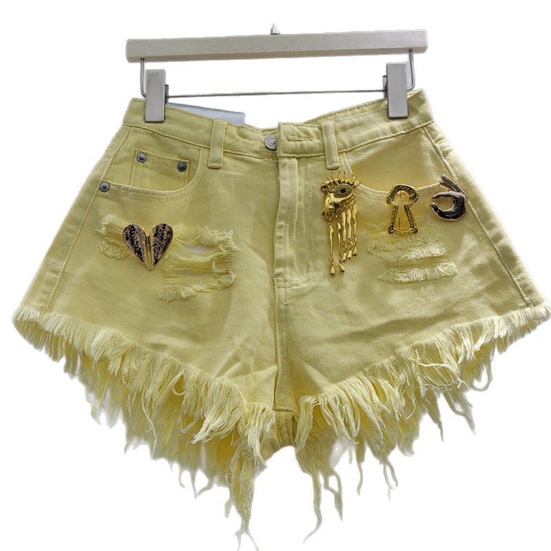 Pantalones Cortos Jeans para Mujer de Mezclilla Pierna Ancha con Borde Deshilachado y Metal image 5