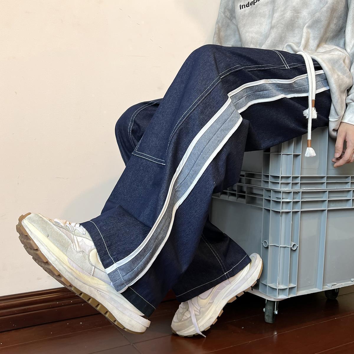 Vaqueros de los hombres otoño suelta ins moda calle overoles Primavera y oversize Pantalones rectos americanos