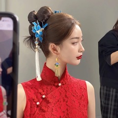 2023 New Style Xiuhu Hair Accessories Set, Chinese Traditional Ancient Style Hairpin Headpiece, Blue with Long Tassel Hair Accessories