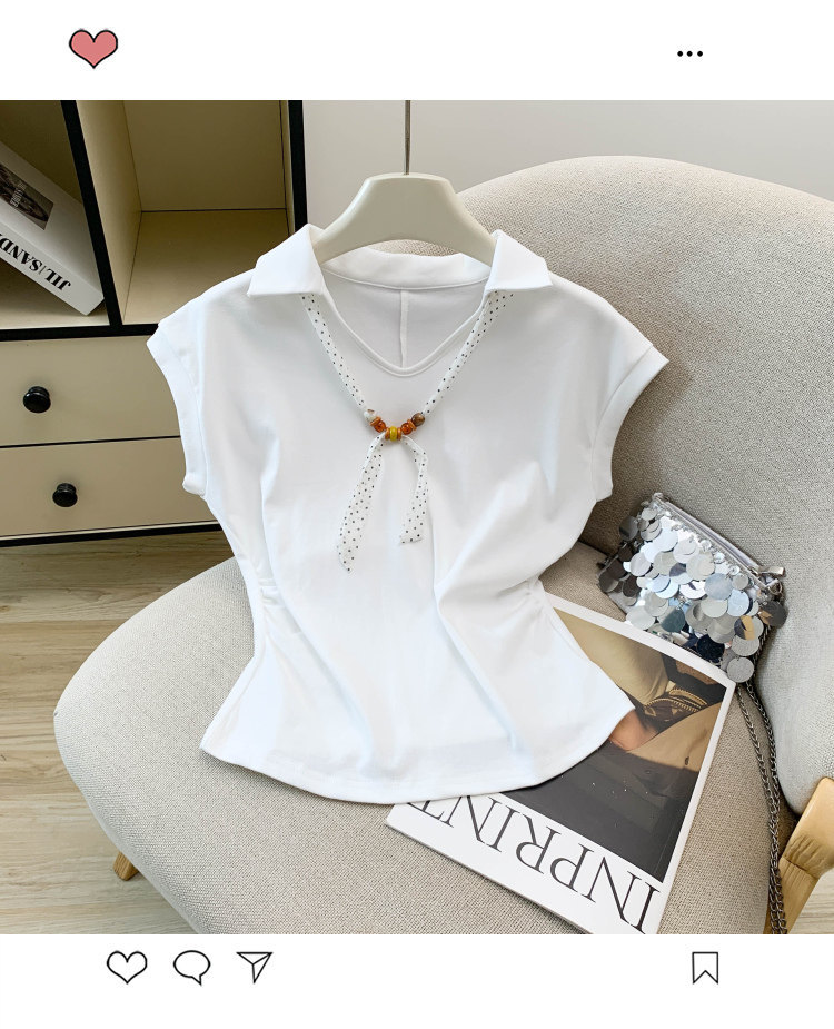 Áo thun polo nữ tay ngắn cổ bẻ kèm khăn lụa phong cách Pháp — màu trắng chi tiết 5